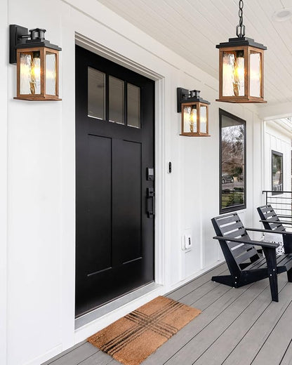 VIANIS Outdoor Pendant Light Fixtures, Wood Grain Outside Hanging Lights Lantern, Outdoor Ceiling Lights for Porch with Waterproof, Aluminum Porch Lights Ceiling with Water Ripple Glass