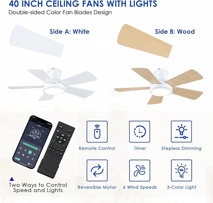 Hounberi 40 Inch Flush Mount Ceiling Fan with Lights and Remote, Modern Quiet DC Motor Low Profile Ceiling Fan for Low Ceilings, 5 Reversible Blades, 6 Speeds Dimmable, Indoor Outdoor Bedroom, White