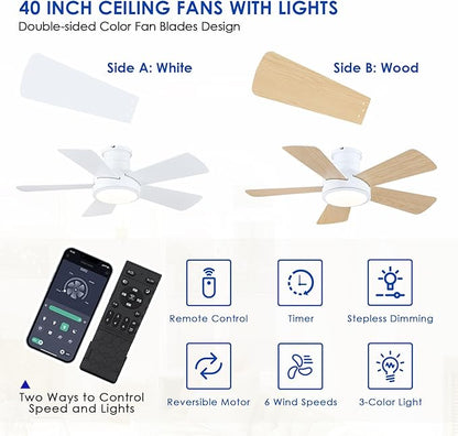 Hounberi 40 Inch Flush Mount Ceiling Fan with Lights and Remote, Modern Quiet DC Motor Low Profile Ceiling Fan for Low Ceilings, 5 Reversible Blades, 6 Speeds Dimmable, Indoor Outdoor Bedroom, White