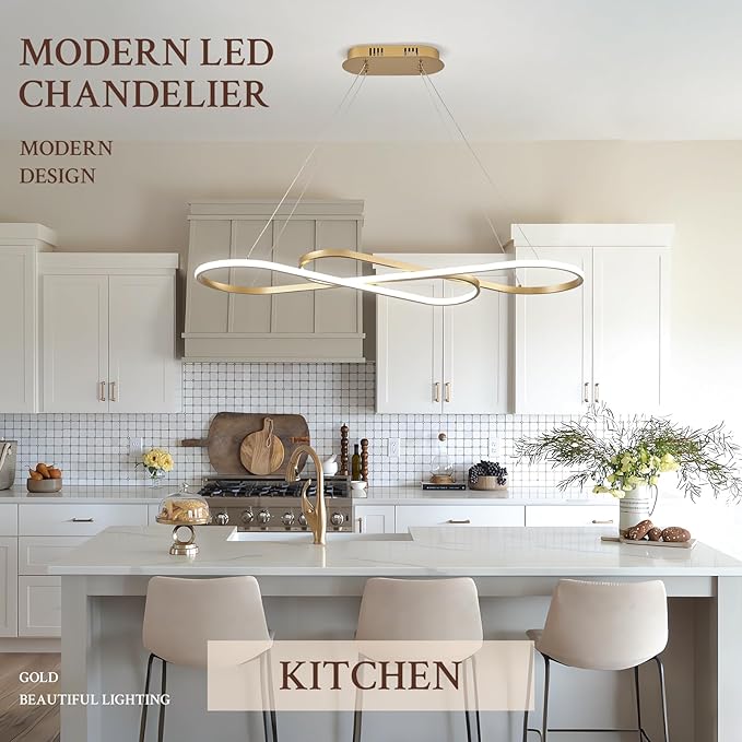 Modern LED Chandelier Gold Dimmable LED Pendant Light for Dining Room Light Fixture Over Table Modern Kitchen Island Lighting High Ceiling with Remote for Living Room(42 Inch, 3000K-6500K)
