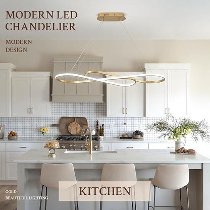 Modern LED Chandelier Gold Dimmable LED Pendant Light for Dining Room Light Fixture Over Table Modern Kitchen Island Lighting High Ceiling with Remote for Living Room(42 Inch, 3000K-6500K)
