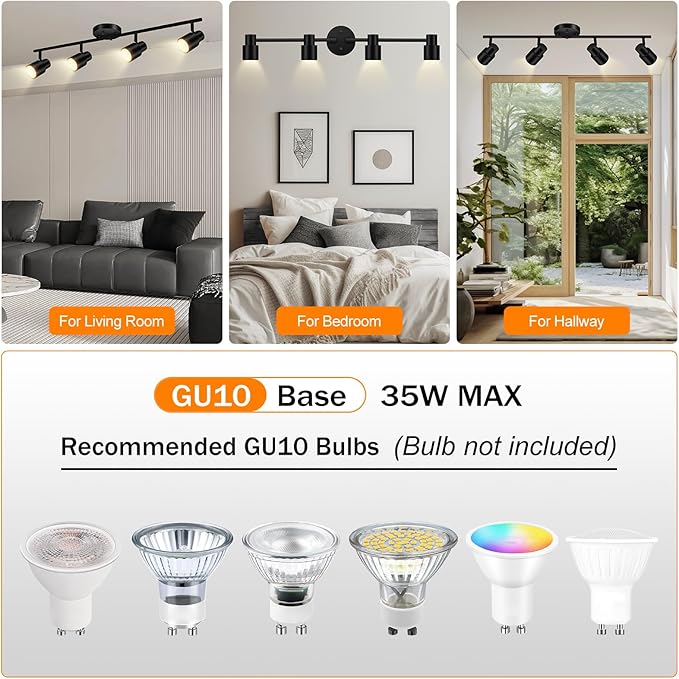 BoostArea LED 4 Light Track Lighting Kit,4 Way Industrial Ceiling Spot Lighting, Flexibly Rotatable Light Head for Kitchen, Living Room, Bedroom, Black,GU10 Bulb Not Included