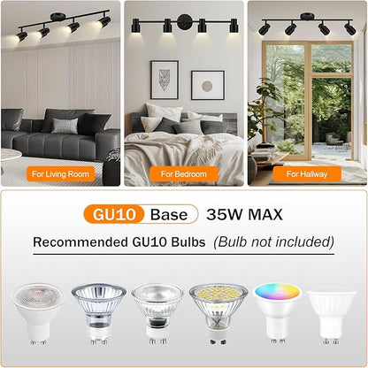 BoostArea LED 4 Light Track Lighting Kit,4 Way Industrial Ceiling Spot Lighting, Flexibly Rotatable Light Head for Kitchen, Living Room, Bedroom, Black,GU10 Bulb Not Included