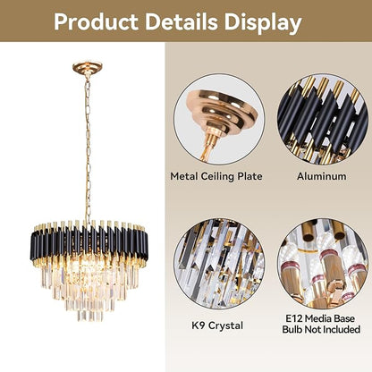 FRIXCHUR 20" Modern Crystal Chandelier 4 Tiers Black and Gold Chandelier Pendant Light 53" Long Chandeliers for Entryway Dining Room Living Room Hallway Foyer E12*7 (Exclud Bulbs)