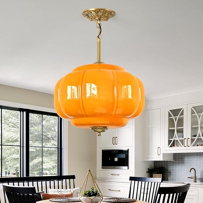 Milk Glass Pendant Light, 15 Inch Yellow Handblown Shade with Antique Brass Hardware, Adjustable Hanging Rod Vintage Chandelier, Dimmable E26 Base Fixture for Kitchen Island, Dining Room, Livingroom