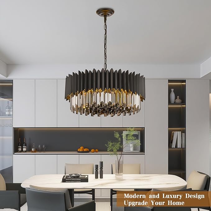 Black Crystal Chandelier 23.62'' K9 Smoke Crystal Round Pendant Lights 8 Lights 5-Tier Large Modern Chandelier for Dining Room Living Room Bedroom Foyer Entryway