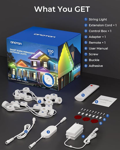 CINOTON Permanent Outdoor Lights 100ft, Smart RGBW+IC Eaves Lights with 60LEDs, IP67 Waterproof, 111 Scene Modes for Daily and Festival, Halloween Christmas Holiday Decor, APP/Voice/Remote Control