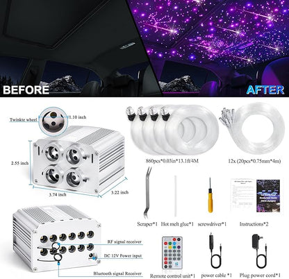 4 Colors 32W Twinkle & Meteor Car Starlight Headliner Kit, 2-in-1 Light Engine 860pcs*0.03in*13.1ft+240 RGBW Fiber Optic Cable Shooting Car Star Roof Lights, Ceiling Star Lights for Car Home Theater