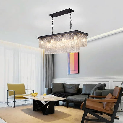 Kitchen Island Chandelier Black Rectangular, 35.4 Inch 11-Light E12 Modern Dining Room Chandelier, Water Ripple Glass Adjustable Height Hanging Ceiling Light Fixture