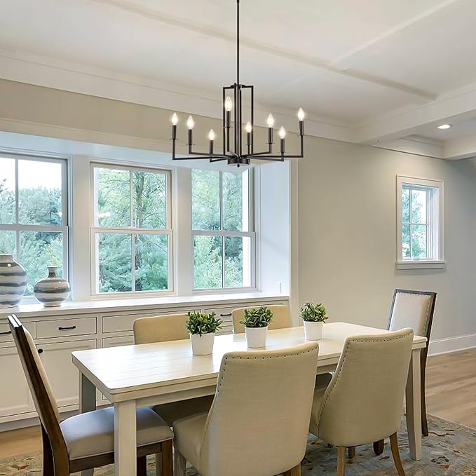 Modern Black Chandelier, Farmhouse Candle Dining Room Chandeliers, Metal Hanging Pendant Light Fixture for Kitchen, Foyer, Bedroom, Living Room, Staircase, Entryway, 8-Light