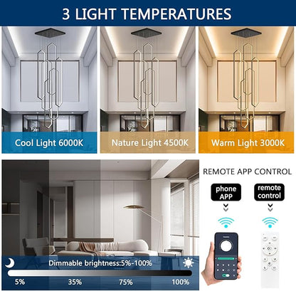6-Rings Chandelier Modern, Black Large Contemporary LED Light for Living Room Entrance, Dimmable Flush Mount High Ceiling Chandeliers with Remote Control for Villa Foyer