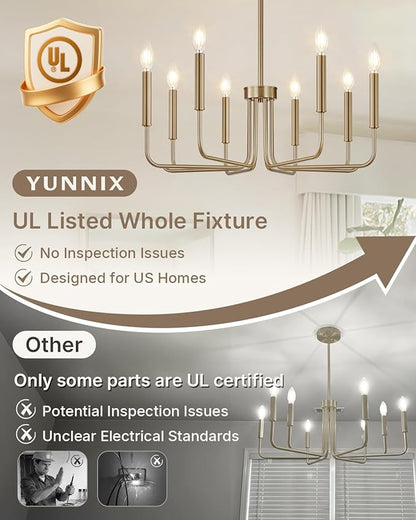 Yunnix 8 Light Champagne Bronze Chandelier - Modern Gold Chandelier Dining Room Light Fixture - 28" Vintage Chandelier for Bedroom Kitchen Island Lighting, Foyer and Living Room