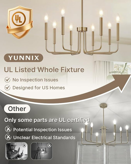 Yunnix 8 Light Champagne Bronze Chandelier - Modern Gold Chandelier Dining Room Light Fixture - 28" Vintage Chandelier for Bedroom Kitchen Island Lighting, Foyer and Living Room