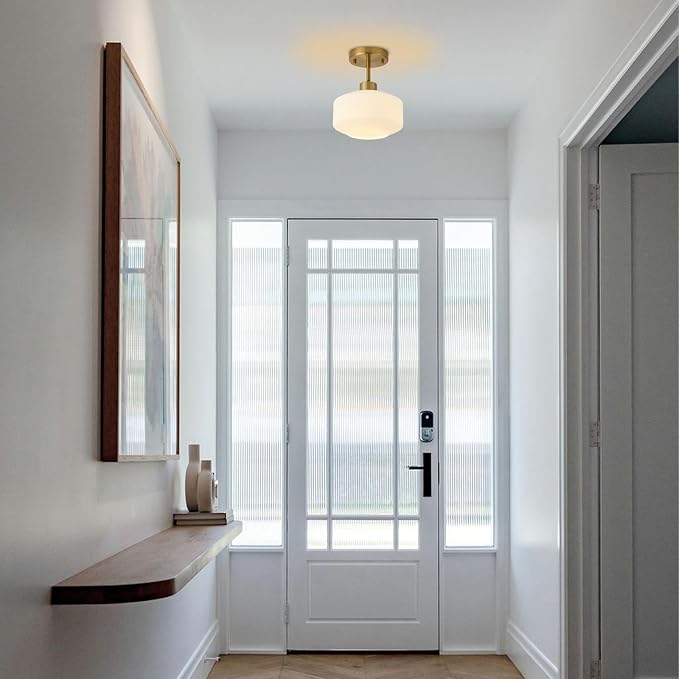 Upgraded Modern Brass Semi Flush Mount Ceiling Light Fixture, Adjustable Hanging Gold Farmhouse Ceiling Light, 8.66" Milk White Glass Shade, Sloped Ceiling Adaptable, for Hallway, Entryway, Kitchen