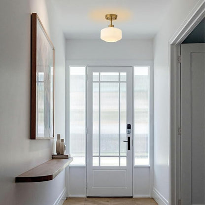 Upgraded Modern Brass Semi Flush Mount Ceiling Light Fixture, Adjustable Hanging Gold Farmhouse Ceiling Light, 8.66" Milk White Glass Shade, Sloped Ceiling Adaptable, for Hallway, Entryway, Kitchen
