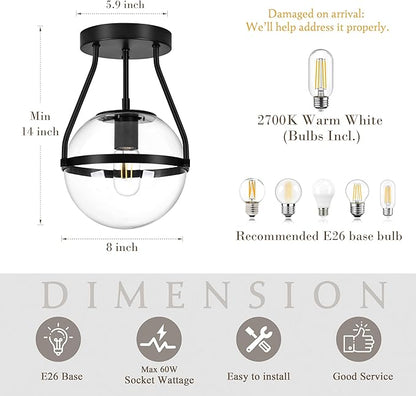Bagood 8 Inch Mid Century Ceiling Light Modern Black Semi Flush Mount Ceiling Light with Clear Glass Shade Globe Semi Flush Mount Ceiling Light Fixture for Bedroom Hallway Bathroom Foyer (Bulb Incl.)
