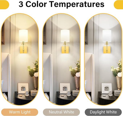 Bosceos 14.5 Inch Battery Operated Wall Sconces Set of 2, Gold Rechargeable Wall Lights with Remote, Wireless Wall Lamps with 15 Color Dimmable Bulbs for Bedroom Living Room Hallway Decor
