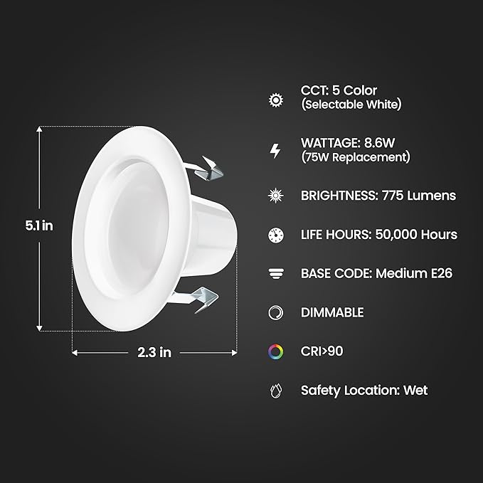 Feit Electric 4 Inch LED Recessed Downlight with Lumen Select, 75W Equivalent, Dimmable, 775 Lumens, 5CCT Selectable White 2700K–5000K, 90+ CRI, 50,000-Hour Lifetime, LEDR4HO/6WYCA/4, 4 Pack
