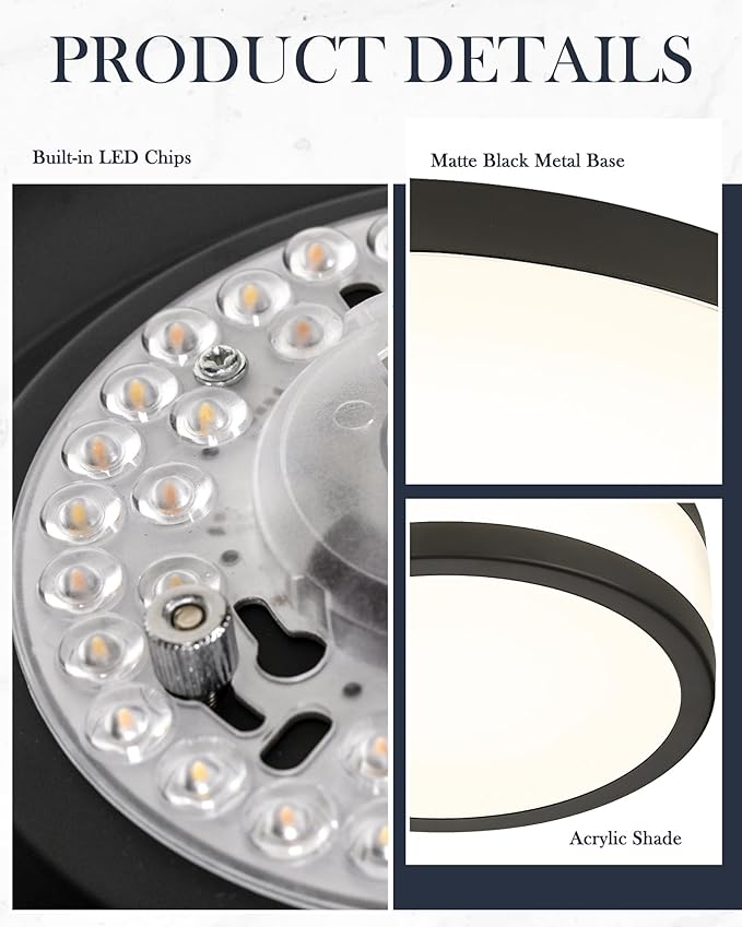 LMS 12 Inch Black LED Flush Mount Ceiling Light, Modern 18W Dimmable Semi Flush Mount Round Ceiling Light for Bedroom, Kitchen, Hallway, Bathroom, 5CCT, LMS-054CL-BKS