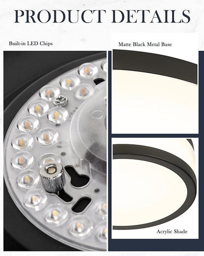 LMS 12 Inch Black LED Flush Mount Ceiling Light, Modern 18W Dimmable Semi Flush Mount Round Ceiling Light for Bedroom, Kitchen, Hallway, Bathroom, 5CCT, LMS-054CL-BKS