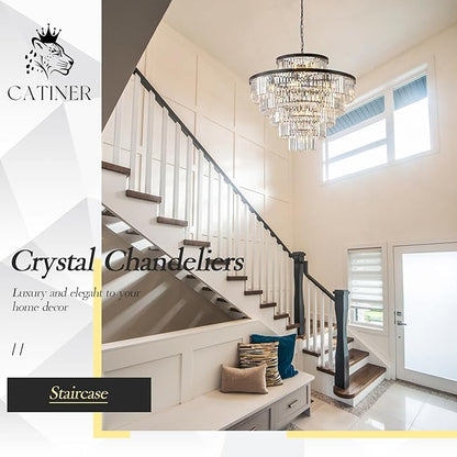 CATINER Large Crystal Chandeliers 23 Lights 36" Modern Black Luxury Chandelier for Foyer Staircase Chandeliers 6 Tiers Round K9 Ceiling Pendant Lighting Fixture for Living Dining Room