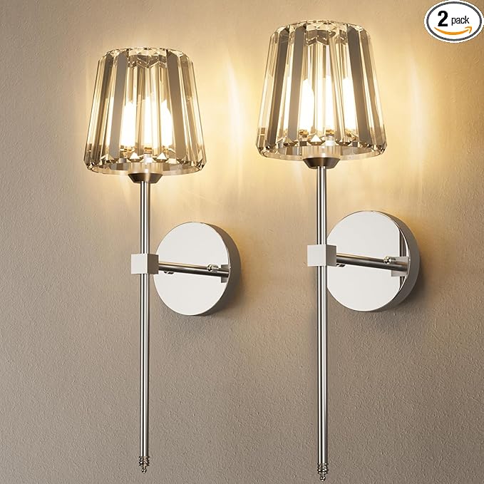Crystal Battery Operated Wall Sconces Set of 2, Chrome Rechargeable Wireless Wall Lights with Crystal Lampshade, 12 RGB and 3CCT Dimmable Wall Lamps with Remote for Bedroom Living Room Hallway