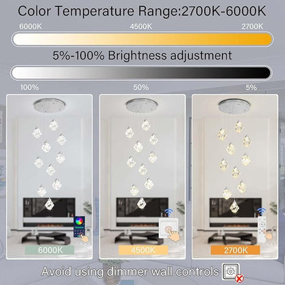 10-Light Modern Chandeliers for Foyer Crystal Chandelier for Living Room Chrome Pendant Light Staircase Chandeliers for High Ceilings Dimmable LED Hanging Light with Remote