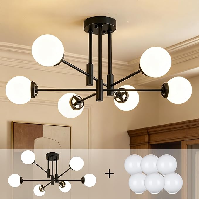 Biewalk Sputnik Ceiling Light Fixture 6 Light Sputnik Chandeliers, Black Chandelier Light Fixture with Milk White Glass Shade for Living Room Kitchen Bedroom Dining Room (E26 Bulb Excluded)