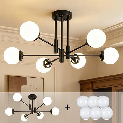 Biewalk Sputnik Ceiling Light Fixture 6 Light Sputnik Chandeliers, Black Chandelier Light Fixture with Milk White Glass Shade for Living Room Kitchen Bedroom Dining Room (E26 Bulb Excluded)