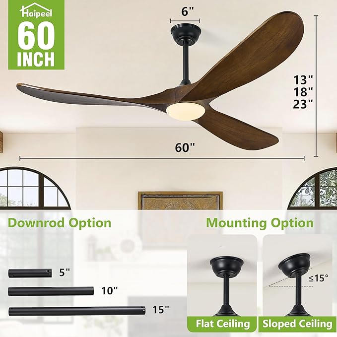 Haipeel 60 Inch Ceiling Fans with Lights, Propeller Solid Wood Ceiling Fans with Light and Remote Control for Outdoor Ceiling Fan with Light for Patio Farmhouse, DC ETL Listed, Oil Rubbed Bronze