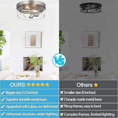 szzgco Flush Mount Ceiling Light Fixtures, 2-Light 12 Inch Brushed Nickel Close to Ceiling Light Fixtures with Clear Glass Shade Ceiling Light Fixture for Porch, Hallway, Bathroom, Dining Room and