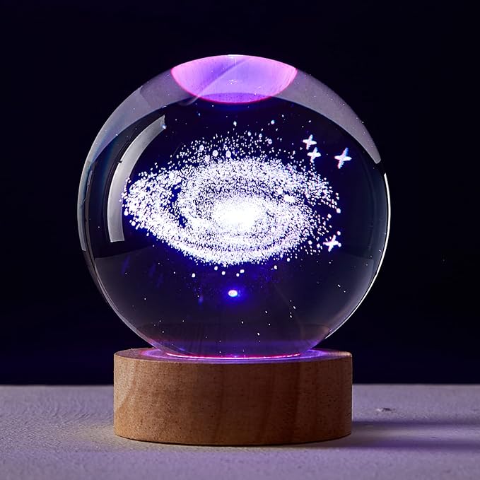 3.15 inch Galaxy Crystal Ball lamp,3D Solar System Crystal Ball Night Light with Wooden Base,16 Colors Change with Remote Control,Clear Glass Planet Light,Birthday Gift for Friends (Galaxy)