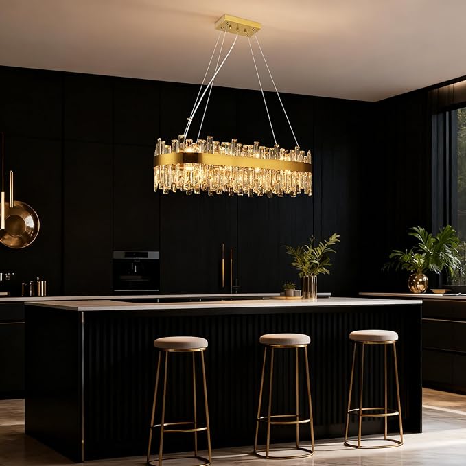 Weesalife Gold Crystal Chandeliers for Dining Room, 20 Lights Modern Oval Chandelier for Lining Room, Rectangular Crystal Pendant Light Fixture for Kitchen Island Bar L36 Inch