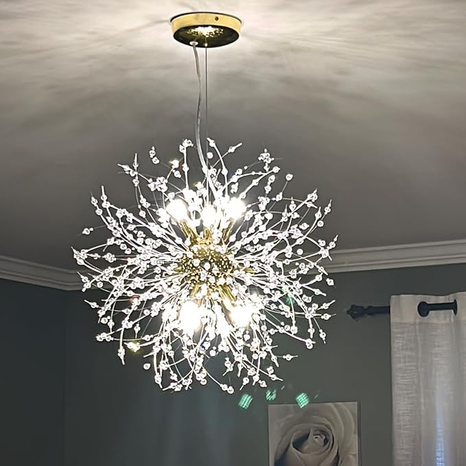 Modern Dandelion Firework Chandelier, Gold Bathroom Chandelier, Crystal Hanging Pendant Lighting Fixture for Dining Room, Bedroom, Entryway, Foyer, 9-Light