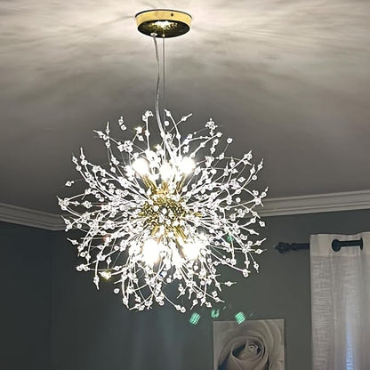 Modern Dandelion Firework Chandelier, Gold Bathroom Chandelier, Crystal Hanging Pendant Lighting Fixture for Dining Room, Bedroom, Entryway, Foyer, 9-Light