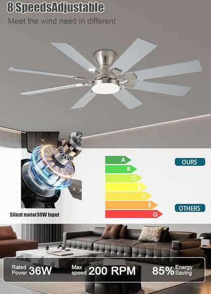JSAITEE 52 inch Ceiling Fan with Light, 6 Speeds Reversible Low Profile Ceiling Fan with Light and Remote/APP Control, 3 Color Temp+Dimmable RGB, 8 Blades, Flush Mount Quiet Ceiling Fans, Nickel
