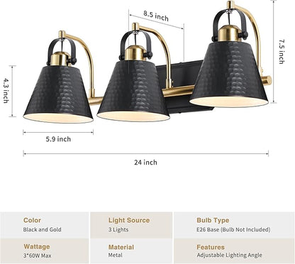 PAZALA Black and Gold Vanity Light, 3-Lights Farmhouse Vanity Light, Bathroom Light Fixtures Over Mirror, 24inch Modern Bathroom Wall lamp for Bath Mirror Living Room Cabinet Bedroom