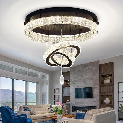 Flashing God Dia 32'' Modern Chandeliers for Living Room Crystal Flush Mount Ceiling Chandelier Large Chandeliers for Dining Room Bedroom LED Dimmable 3000-6000K Black