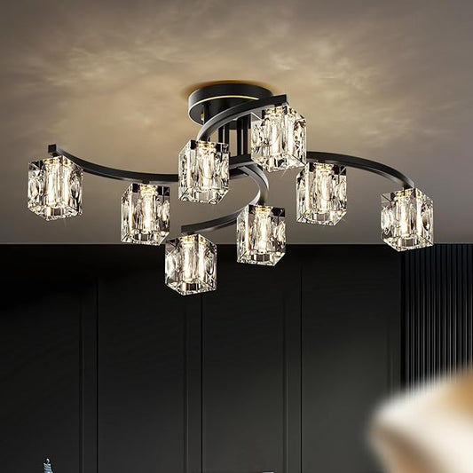 Black Modern Sputnik Chandelier Ceiling Light Fixtures,8-Lights Farmhouse Crystal Semi Flush Mount Ceiling Light for Bedroom Dining Room Living Room Kitchen Hallway