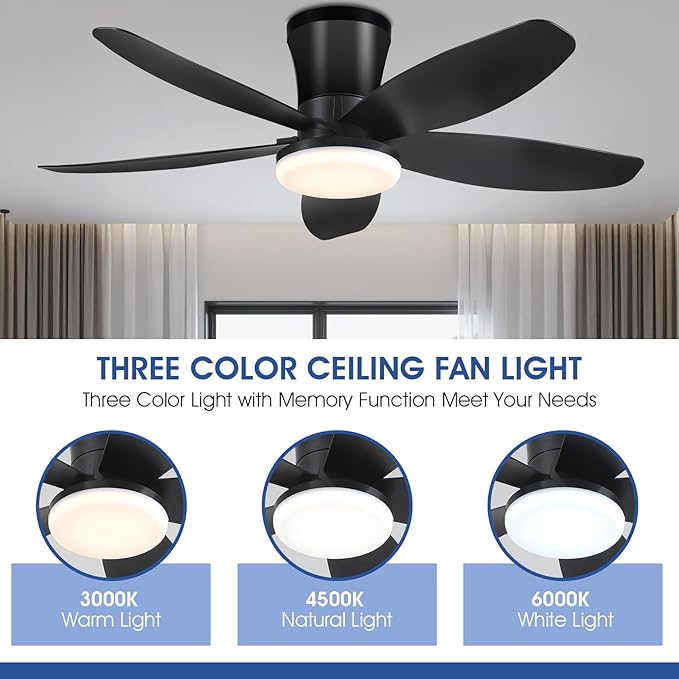 Surtime Ceiling Fans with Lights-36 Low Profile Ceiling Fan with Light and Remote Control,Flush Mount,DC Reversible,LED Dimmable Blakc Ceiling Fans for Bedroom,Indoor/Outdoor Patio Use