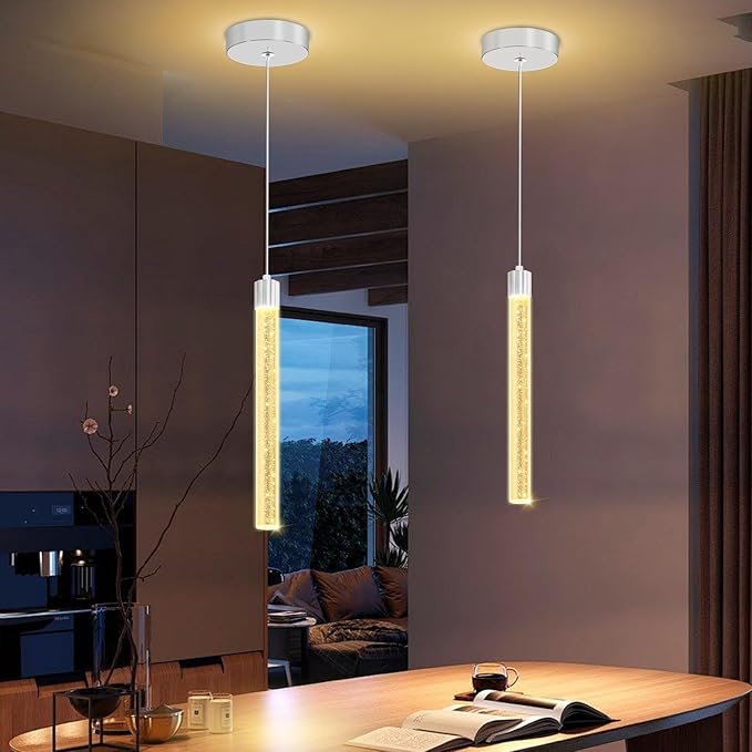 Modern Mini Crystal Pendant Light for Kitchen Island Dimmable LED Adjustable Crystal Column Chandelier Lighting Hanging Pendant Lighting 1 Light Silver