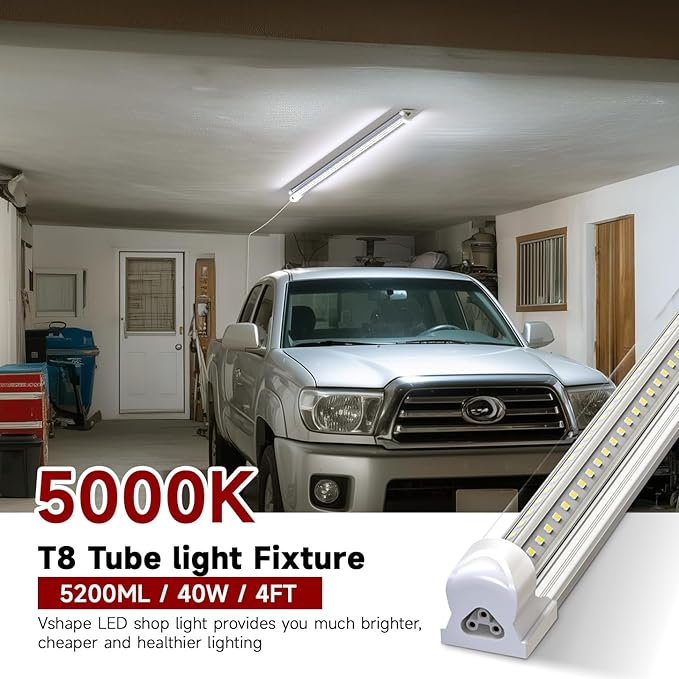 (12 Pack LED Shop Light 4FT, 40W 5200LM 5000K (Super Bright White), T8 LED Tube Light, Clear Cover, 270 Degree Lighting for Garage Warehouse Workshop Basement