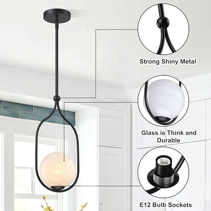 Globe Pendant Light, Modern Bubble Chandelier and Hand Blown Glass Chandelier with Black Finish Adjustable Rods for Kitchen Island Dinning Room Bedroom Living Room Home Owners
