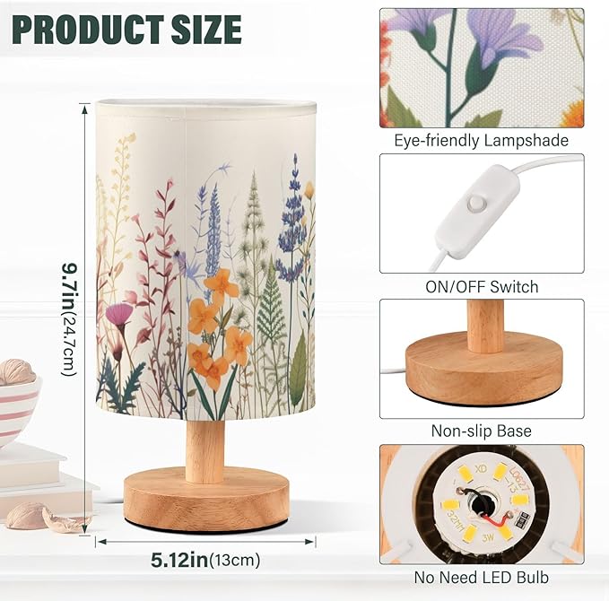 Bedside Table Lamp Colorful Herbs Wild Flowers Nightstand Lamp with Wood Desk Lamps for Bedroom Living Room Nursery Office Home Decor