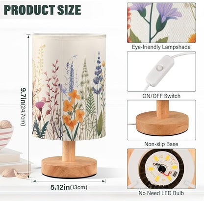 Bedside Table Lamp Colorful Herbs Wild Flowers Nightstand Lamp with Wood Desk Lamps for Bedroom Living Room Nursery Office Home Decor