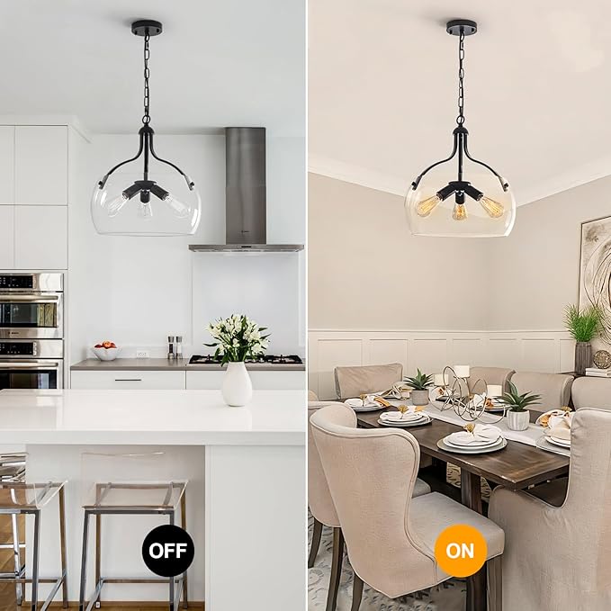 3-Lights Modern Pendant Lights Kitchen Island, Matte Black Hanging Light Fixtures with 15.8" Clear Glass Shade, Industrial Hanging Chandelier for Kitchen Entryway Bedroom Foyer