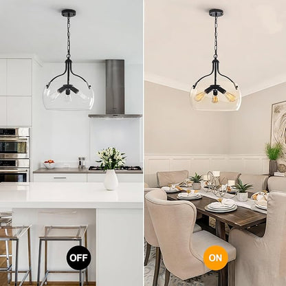 3-Lights Modern Pendant Lights Kitchen Island, Matte Black Hanging Light Fixtures with 15.8" Clear Glass Shade, Industrial Hanging Chandelier for Kitchen Entryway Bedroom Foyer