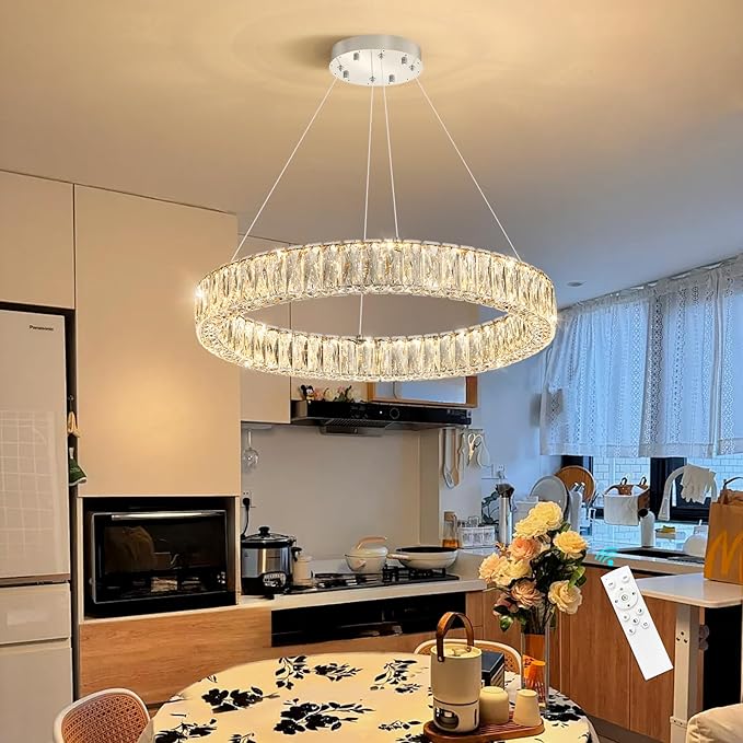 HAIXIANG Modern Crystal Chandelier Dimmable LED Ring Pendant Lights Adjustable Glam Chandeliers Lighting Fixtures for Dining Room Living Room Bedroom Silver Light