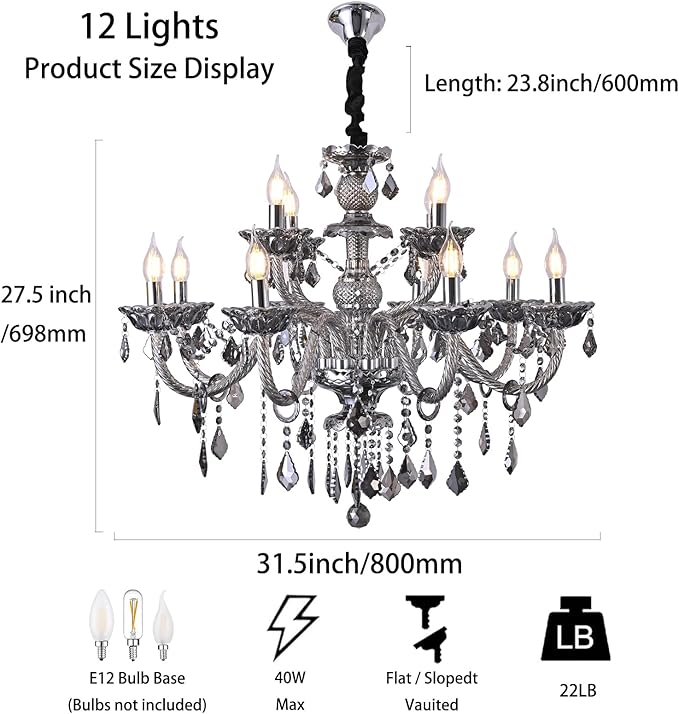 Modern Crystal Chandelier Lighting 12-Light, Smoky Gray Luxury Chandelier Ceiling Light Fixtures Hanging Crystal Light for Dining Room Living Room Bedroom(12 Lights)