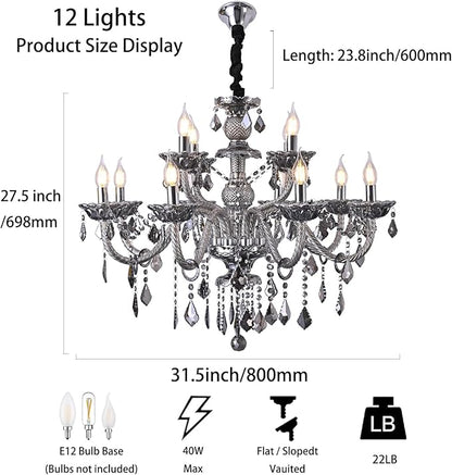 Modern Crystal Chandelier Lighting 12-Light, Smoky Gray Luxury Chandelier Ceiling Light Fixtures Hanging Crystal Light for Dining Room Living Room Bedroom(12 Lights)